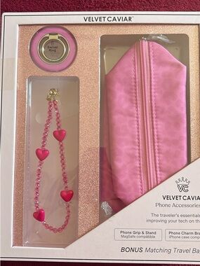 Velvet Caviar Hot Pink Phone Accessory Set with Heart Charm & Travel Pouch